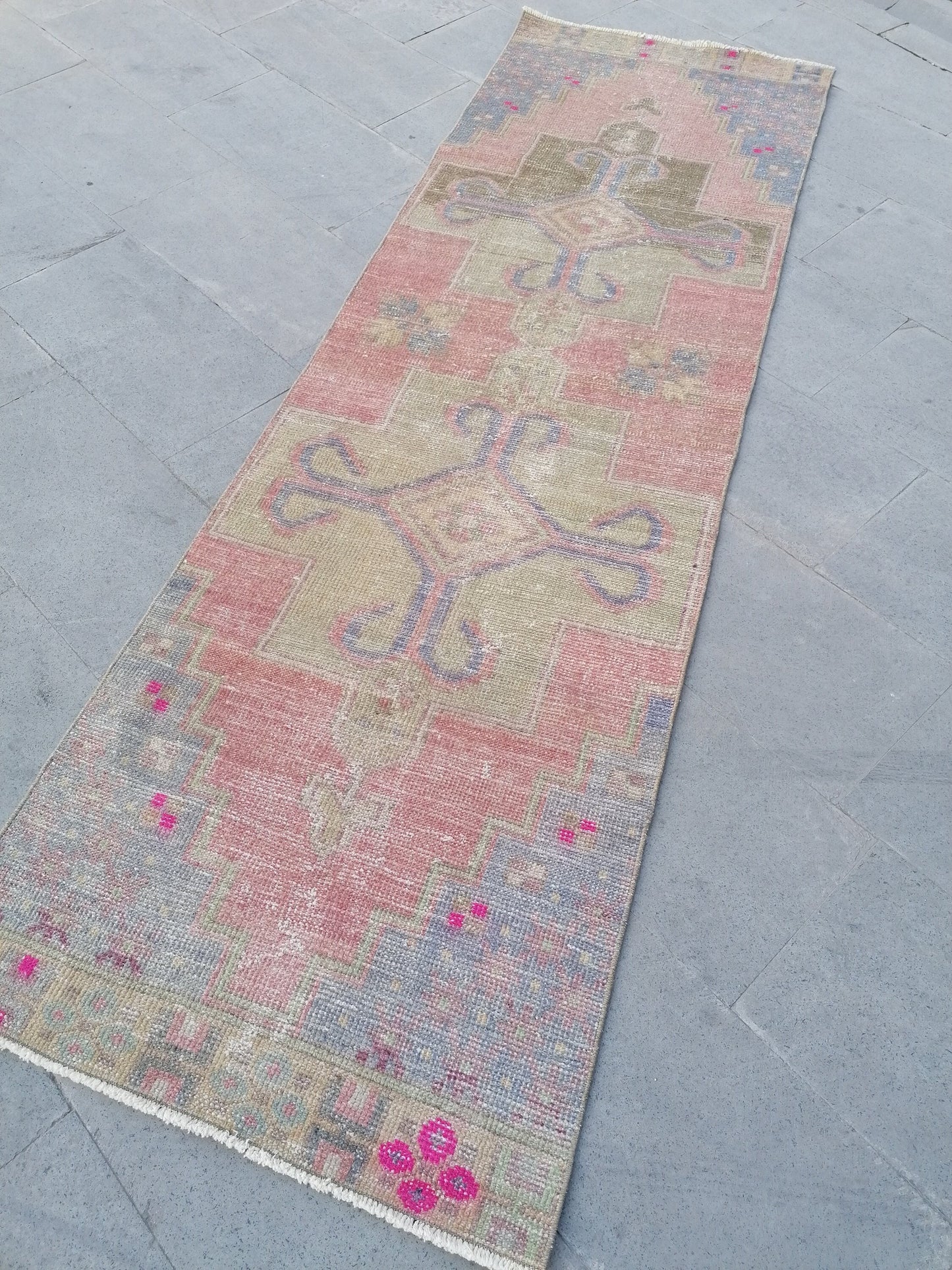 Runner rug 2'7x8'3 distressed vintage runner , rustic hand made wool runner