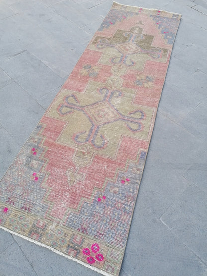 Runner rug 2'7x8'3 distressed vintage runner , rustic hand made wool runner