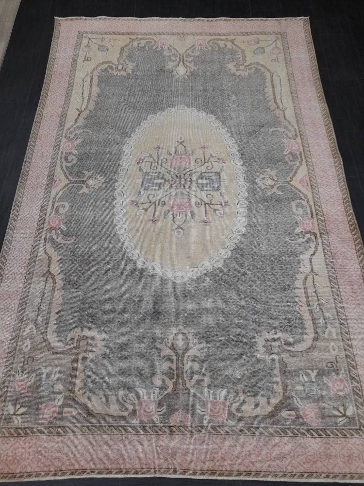 Floral Vintage OUSHAK RUG Antique TURKISH Rug Vintage Distressed Oriental Rug 6.6 x 10.4 Wool  Rug Hand Made Vintage Rug 7x10 Turkish Rug
