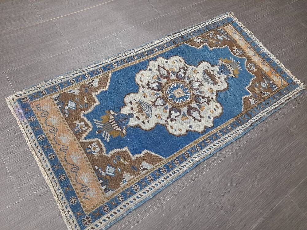 Blue Turkish Rug Small Area Vintage Rug 2x4 Oushak Rug,Hand woven Rug Hand Knotted Rug, Vintage OrientalRug Kitchen Rug door mat