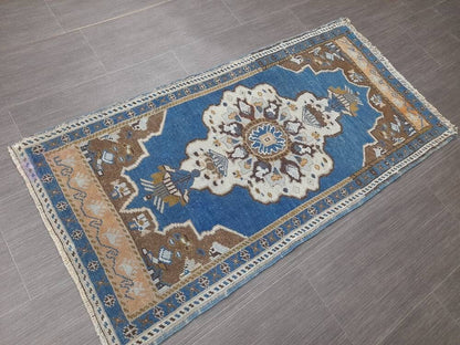 Blue Turkish Rug Small Area Vintage Rug 2x4 Oushak Rug,Hand woven Rug Hand Knotted Rug, Vintage OrientalRug Kitchen Rug door mat