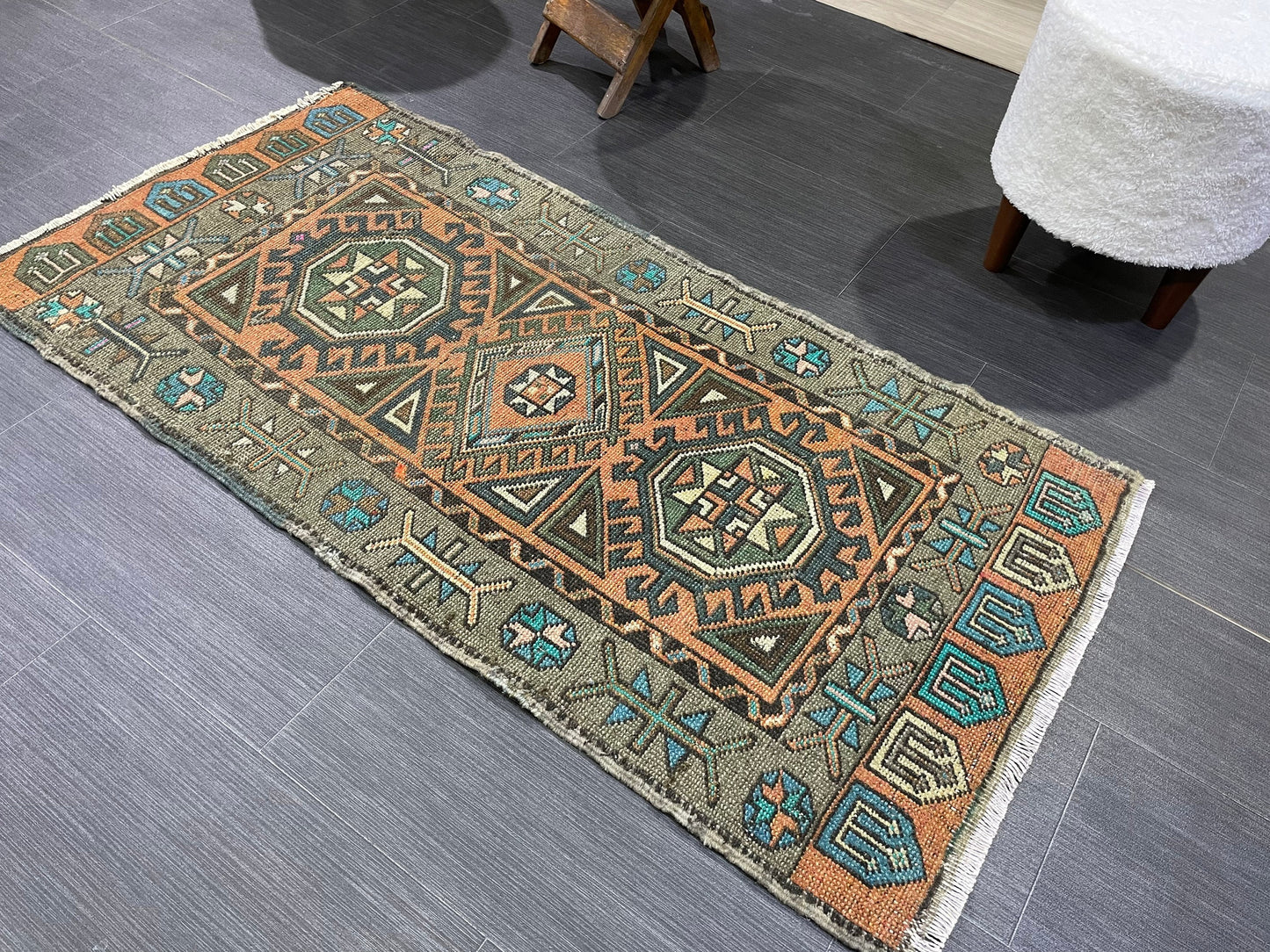 Hand Knotted Runner Rug, Vintage 2 x 4.4 Runner Rug,Handmade Short Runner Rug,Bathroom Runner Rug, Antique Runner Rug, Vanity Runner Rug