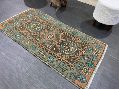 Hand Knotted Runner Rug, Vintage 2 x 4.4 Runner Rug,Handmade Short Runner Rug,Bathroom Runner Rug, Antique Runner Rug, Vanity Runner Rug