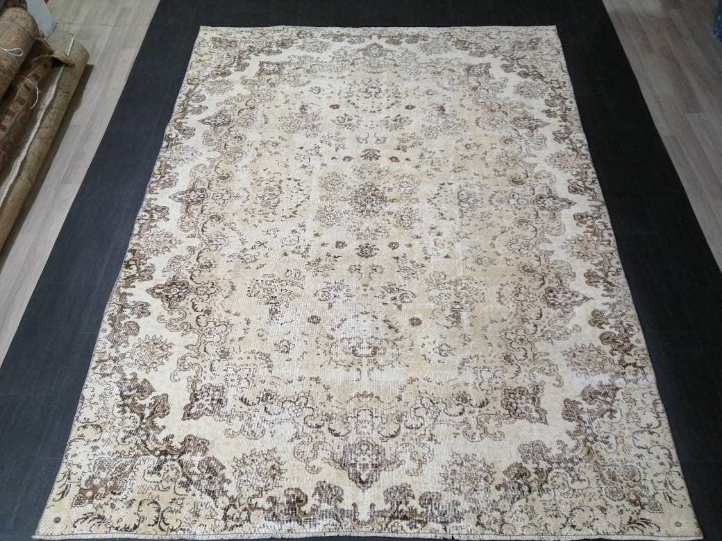 NEUTRAL Vintage RUG TURKISH Large Rug 9.5 x 7 Oushak Rug Vintage Oushak Rug Vintage Rug Muted Oushak Rug Hand Made Rug Vintage Neutral Rug