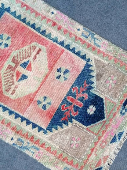 Vintage wool small rug 1'8x2'9 turkish oushak rug, blue hallway hand made rug kitchen rug bohemian rug