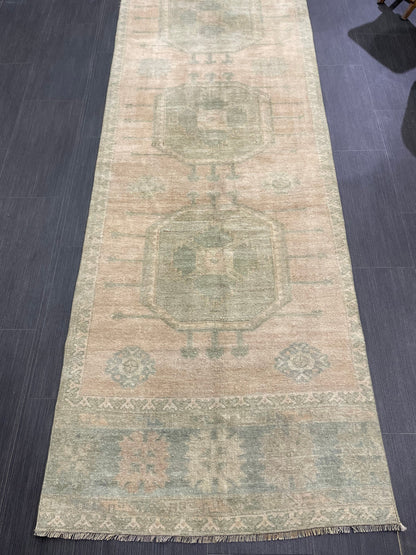 Muted OUSHAK RUG TURKISH 2.9 x 13.2 Rug Runner Vintage Runner Rug Vintage Runner Rug Wool Oushak Rug Hand Made Rugs Vintage Turkish Runner