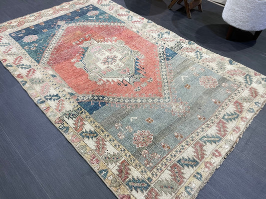 Hand Knotted Rug, Oushak Rug, Vintage 4 x 6.4 Rug Handmade Turkish Rug, Persian Rug, Vintage Rug, Wool  Antique Rug