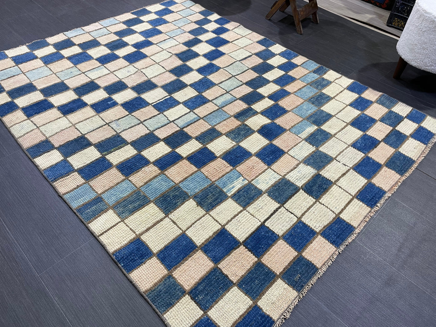 Persian Rug, Vintage 4.7 x 5.10 Rug, Navy Blue Hand Knotted Rug, HANDMADE Rug, Geometric Turkish Rug, Oushak Rug, Oriental Rug, Wool Rug