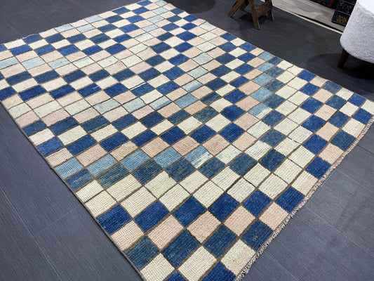 Persian Rug, Vintage 4.7 x 5.10 Rug, Navy Blue Hand Knotted Rug, HANDMADE Rug, Geometric Turkish Rug, Oushak Rug, Oriental Rug, Wool Rug