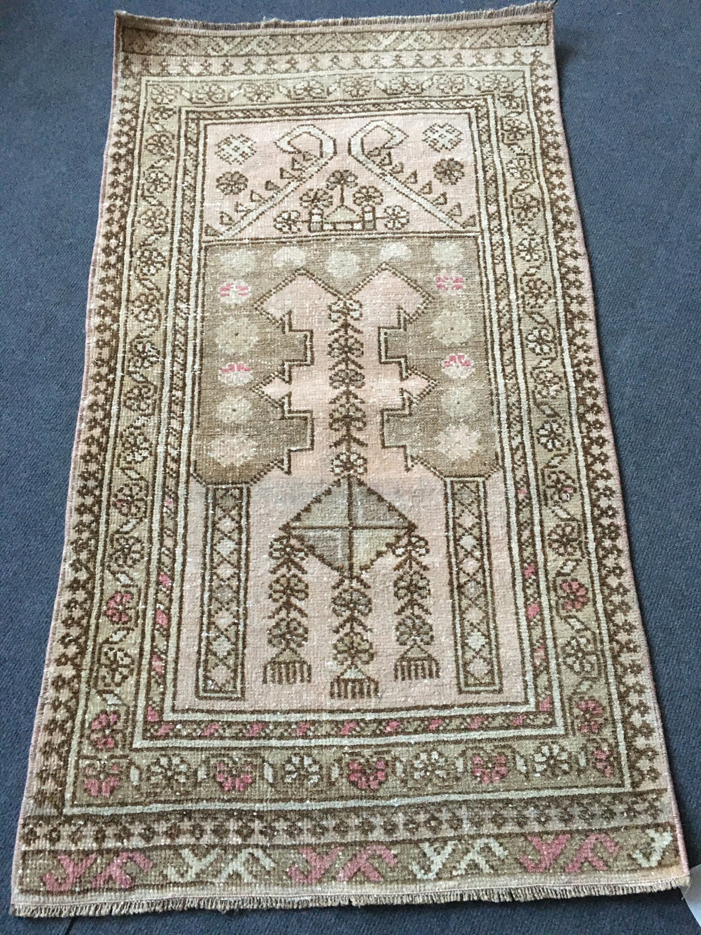 2x4 feet vintage brown bedroom small rug, turkish handmade wool pink bathroom small rug, living room area mini rug, oushak small laundry rug