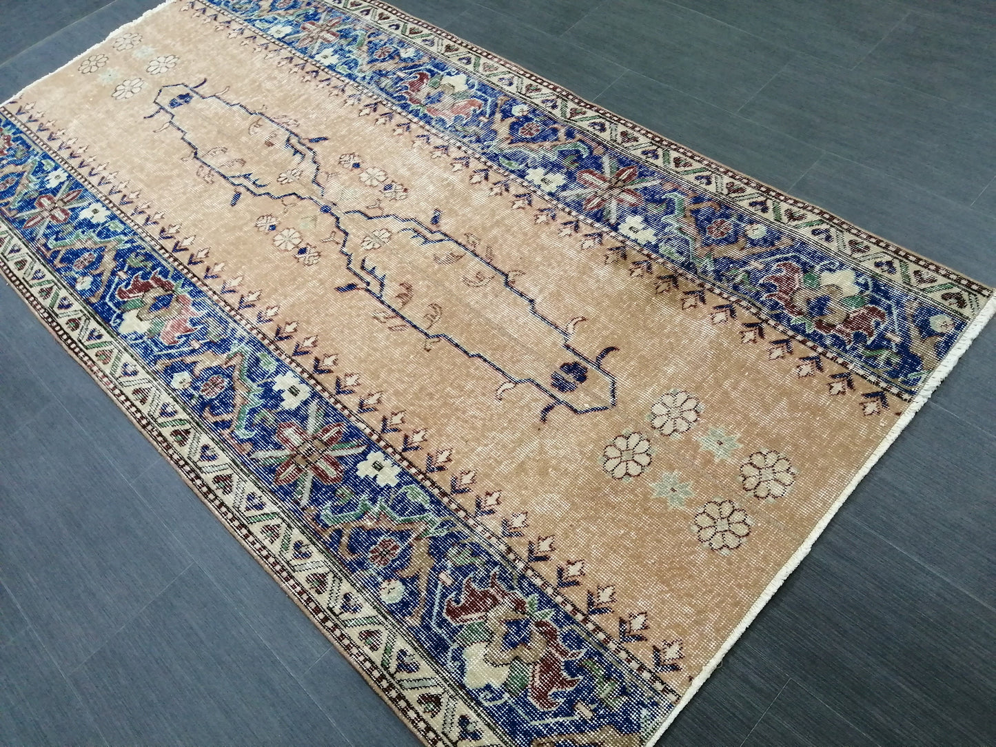 3.7 x 7.2 Blue Runner Rug, Hand Made Rug, Oushak Rug,  Boho Rug, Rug Runner, Turkish Rug, Farmhouse Rug, Vintage Rug, Wool rug Oriental Rug