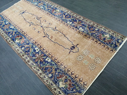 3.7 x 7.2 Blue Runner Rug, Hand Made Rug, Oushak Rug,  Boho Rug, Rug Runner, Turkish Rug, Farmhouse Rug, Vintage Rug, Wool rug Oriental Rug