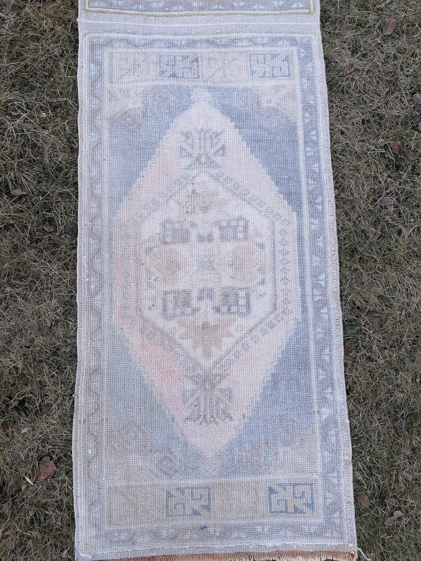 1'9x10'5 muted blue runner rug, faded vintage turkish runner,  hallway runner rug, kicthen runner rug, oushak runner rug