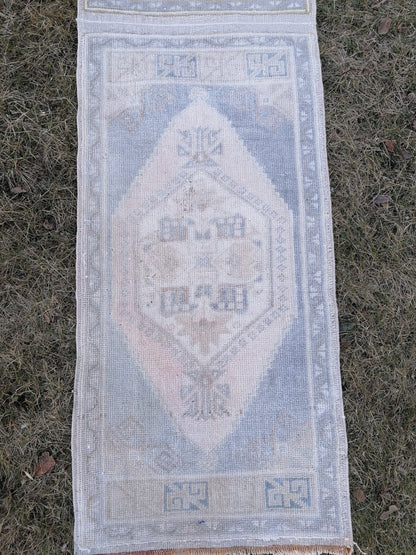 1'9x10'5 muted blue runner rug, faded vintage turkish runner,  hallway runner rug, kicthen runner rug, oushak runner rug