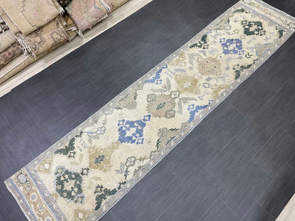 Blue Green Turkish Oushak Runner Rug  3x13 ft Turkish Runner Rug XL Vintage Runner Rug Long Hallway Runner Rug Kitchen Runner Wool Pile