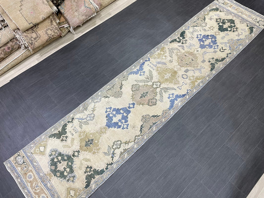 Blue Green Turkish Oushak Runner Rug  3x13 ft Turkish Runner Rug XL Vintage Runner Rug Long Hallway Runner Rug Kitchen Runner Wool Pile