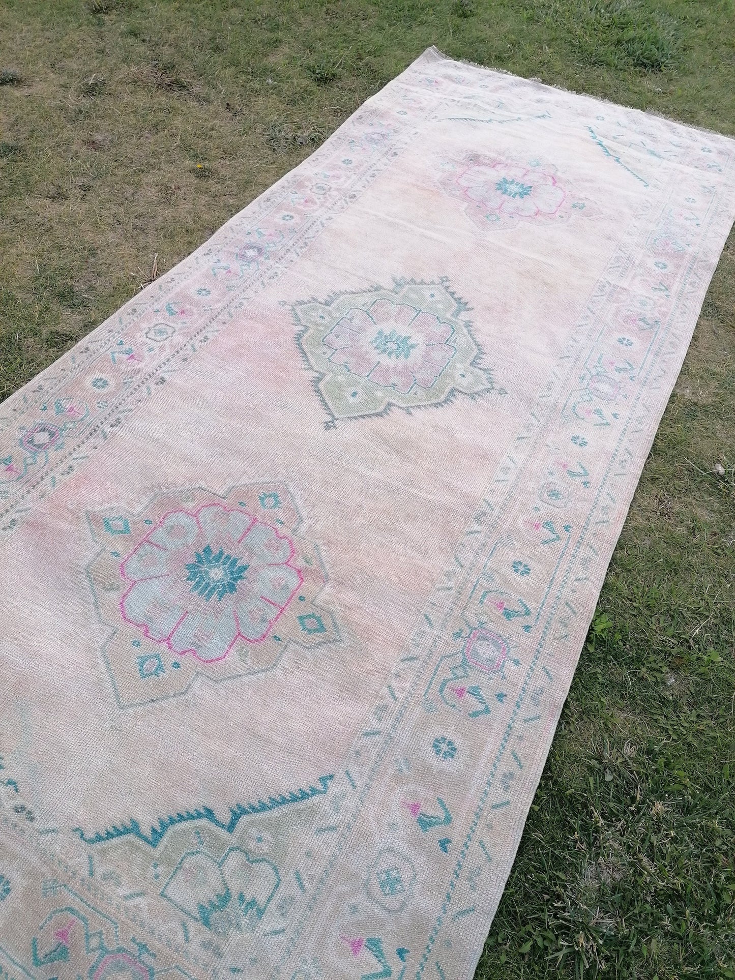 Oushak runner rug, turkish runner, vintage wool runner rug 4'10x11'6 hallway hand made rug, kitchen runner bohemian rug