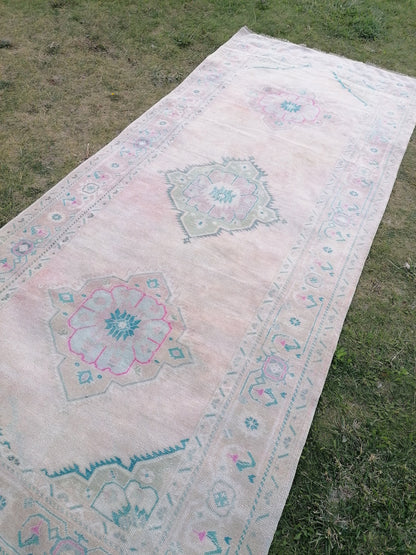 Oushak runner rug, turkish runner, vintage wool runner rug 4'10x11'6 hallway hand made rug, kitchen runner bohemian rug