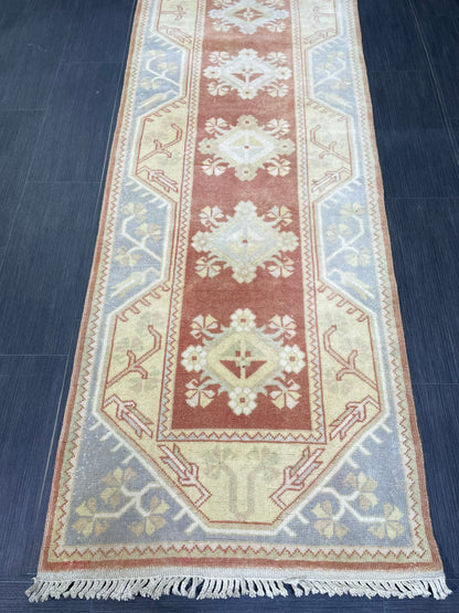 Vintage Hand Knotted Rug, Natural Wool Runner 2.7 x 10.5 Rug, Handmade Runner Rug, Turkish Runner Rug, Muted Runner Rug, Wool Kitchen Runner