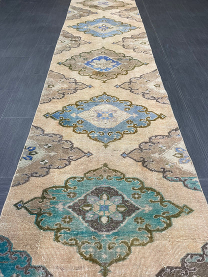 MUTED Hand Knotted Runner Antique Runner TURKISH Runner 2.8 x 12.8 Vintage  Hallway Runner Rug Muted Runner Rug Kitchen Rug Runner