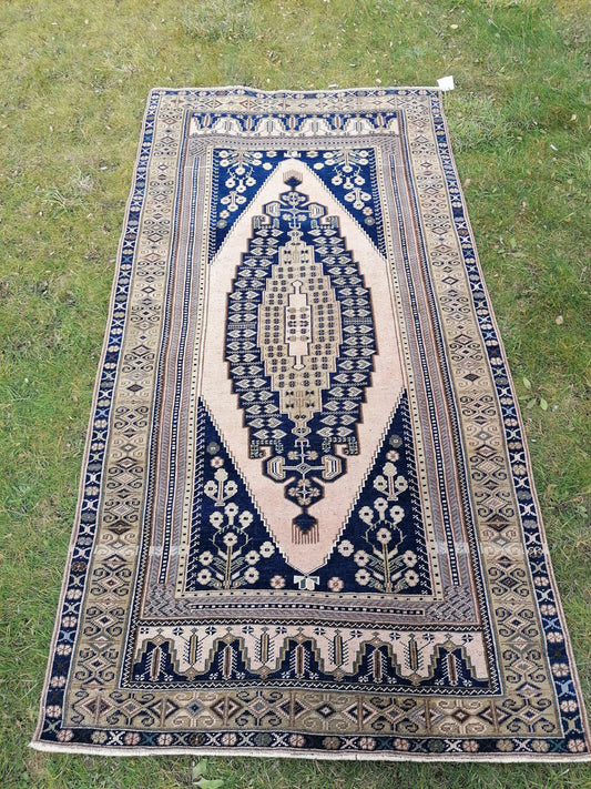 4 x 7.7 blue rug, living room rug vintage oushak rug