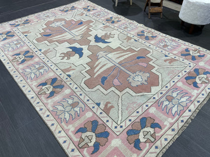 Vintage Rug 5.2 x 7.6 HANDMADE Rug Vintage Turkish Rugs Oushak Rug Pink Rug, Turkish Oushak Rug, Vintage Hand Knotted Rug, Wool Rug