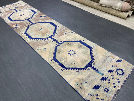 Muted Vintage Runner Rug 2.8 x 11.4 Muted Turkish Runner Star Rug Navy Oushak Runner Rug Hallway Runner Kitchen Runner Rug Wool Runner