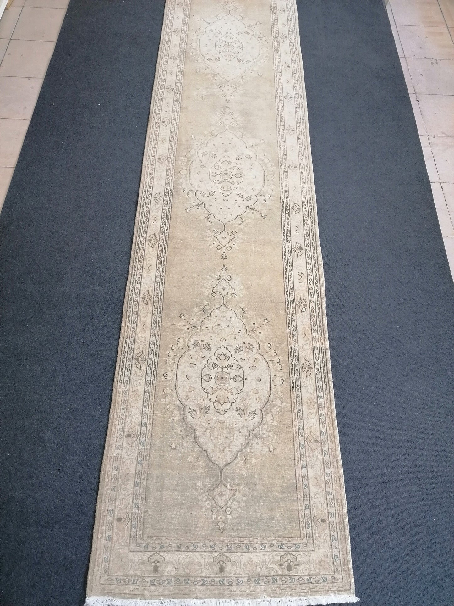 Faded hallway runner rug, 11'5x2'9, pastel runner rug, faded turkish runner rug, vintage runner rug, muted entryway rug,oushak runner rug