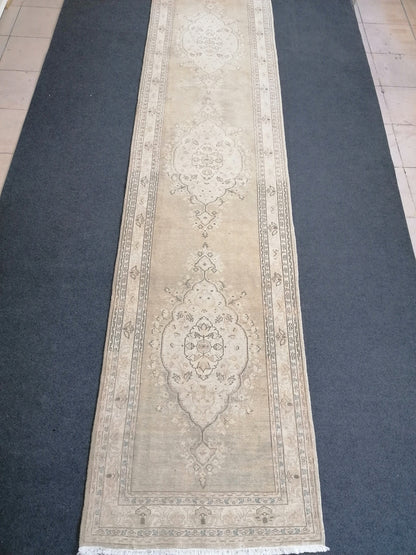 Faded hallway runner rug, 11'5x2'9, pastel runner rug, faded turkish runner rug, vintage runner rug, muted entryway rug,oushak runner rug