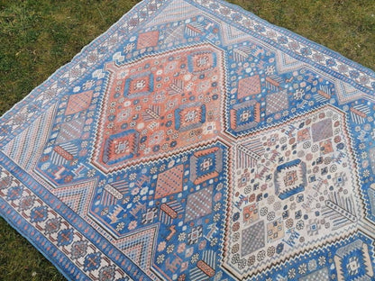 Turkish blue wool rug 6'8x10 large oushak vintage rug, unique hand made, living room rug