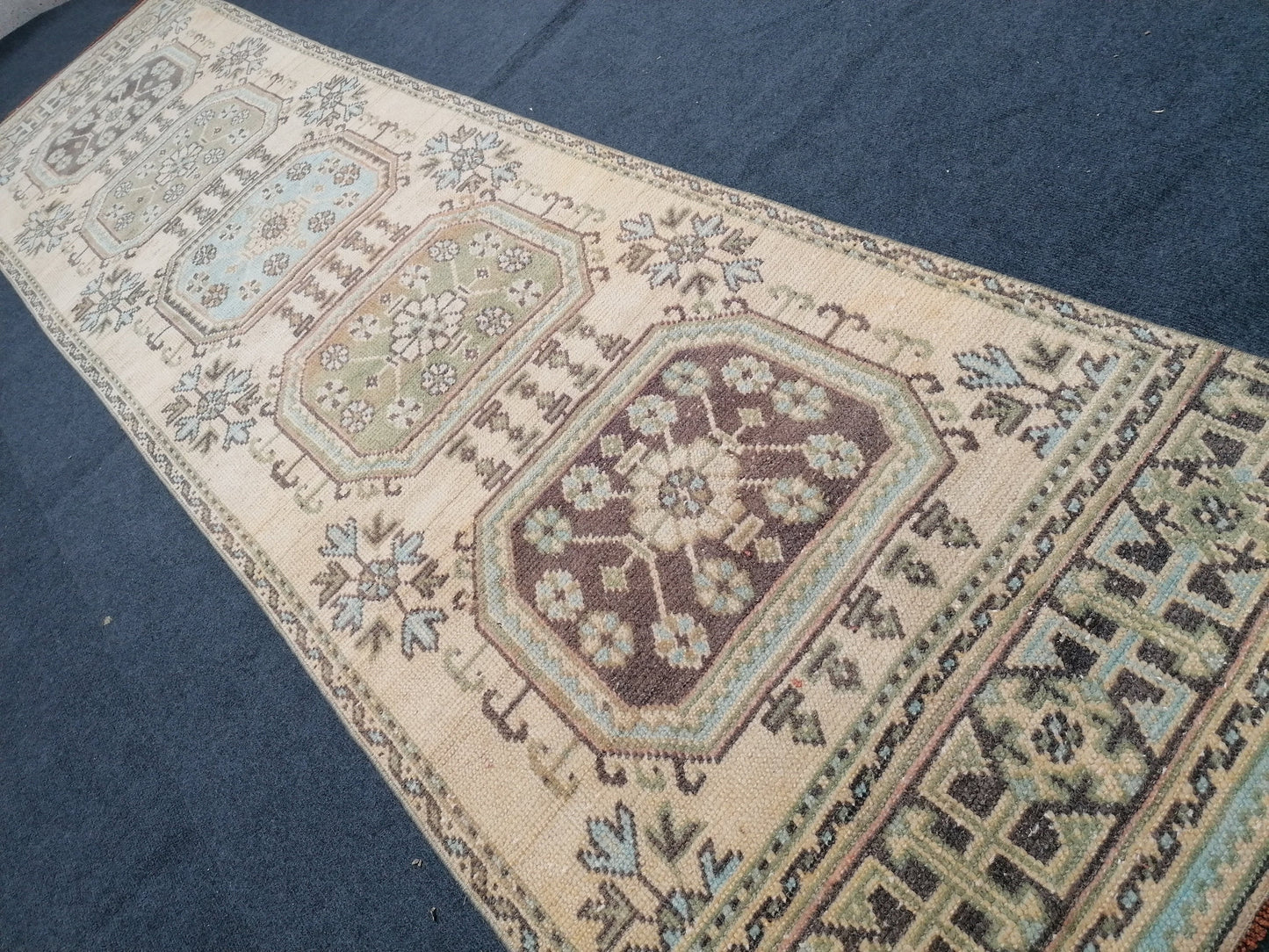 3x11 mute soft oushak turkish runner rug, vintage turkish runner rug, pastel handmade kitchen runner rug, bathroom rug, entryway runner rug