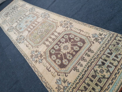 3x11 mute soft oushak turkish runner rug, vintage turkish runner rug, pastel handmade kitchen runner rug, bathroom rug, entryway runner rug