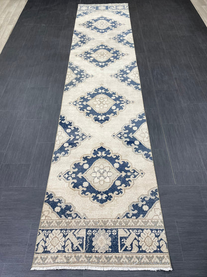 WOOL Hand Knotted Runner Rug Turkish Runner Rug 2.8 x 12.7 Muted Vintage Hallway Runner Rug Kitchen Runner Rug Persian Runner Rug Navy