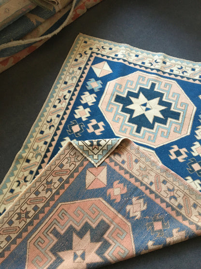 4x6.5 feet handmade muted blue large kitchen rug, turkish vintage bedroom rug, living room floor medium pink rug, oriental anatolian rugs