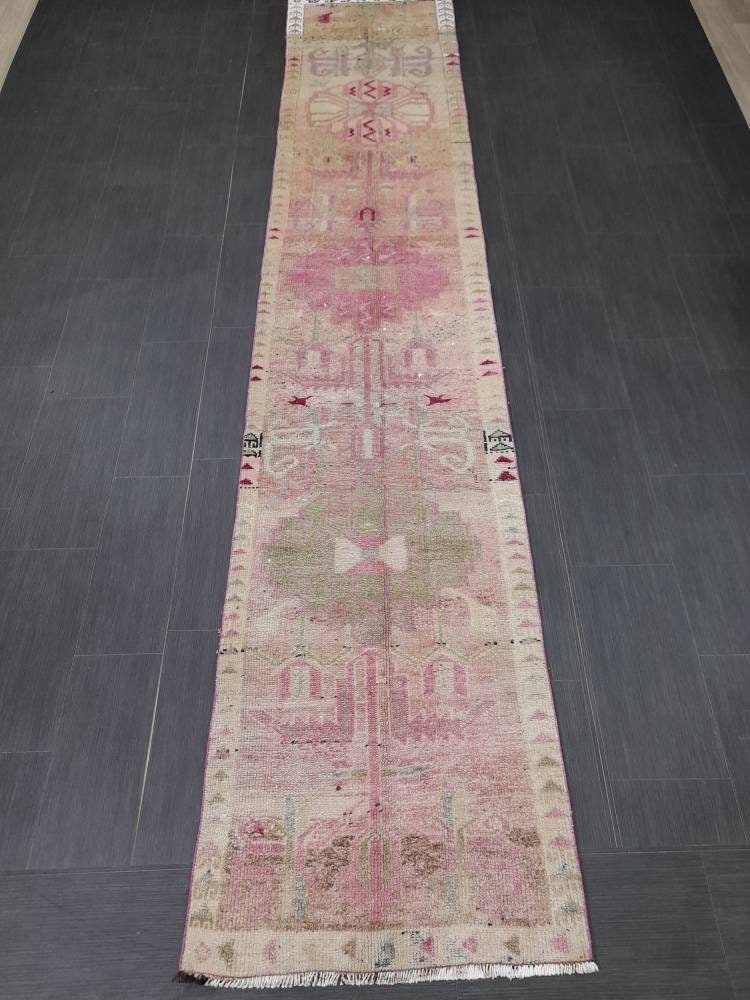 Muted Vintage Runner Rug Vintage Persian Runner Rug 2.4 x 12.4 Hallway Runner Rug Turkish Kitchen Runner Rug Antique Wool Oriental Runner