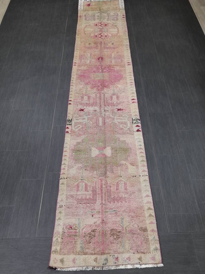 Muted Vintage Runner Rug Vintage Persian Runner Rug 2.4 x 12.4 Hallway Runner Rug Turkish Kitchen Runner Rug Antique Wool Oriental Runner