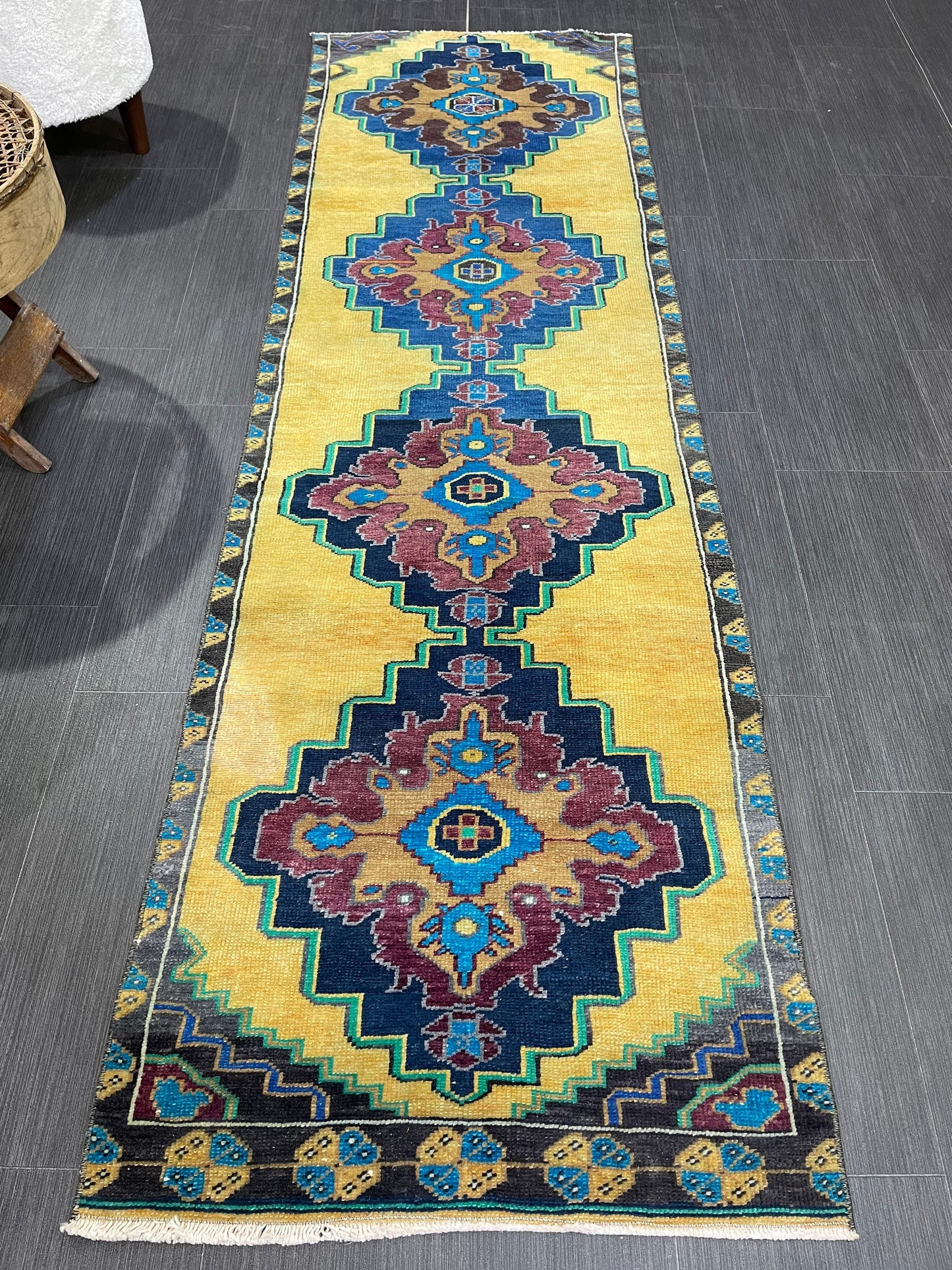 Wool Antique Runner Rug 2.2 x 7.2 Turkish Runner Rug Vintage Runner Rug Old Hallway Runner Rug Kitchen Runner Rug Yellow Wool Runner Rug