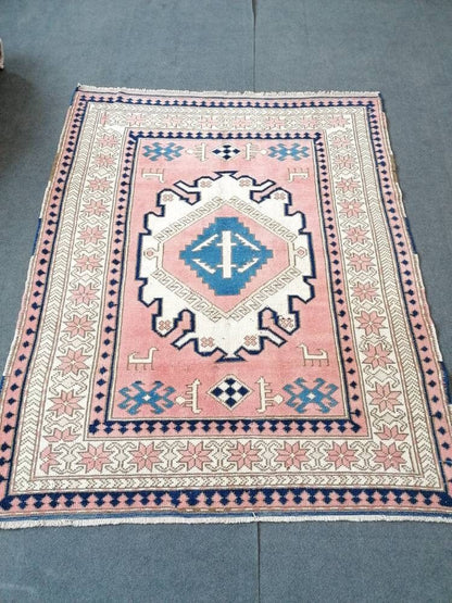 Vintage blue rug, oushak pink rug 4'9x6 handmade wool rug, living room rug