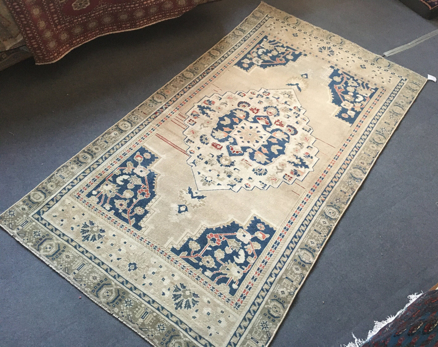 4x8 feet handmade muted oversize wide runner rug, vintage turkish living room rug, oversize kitchen area rug, wool blue persian big size rug