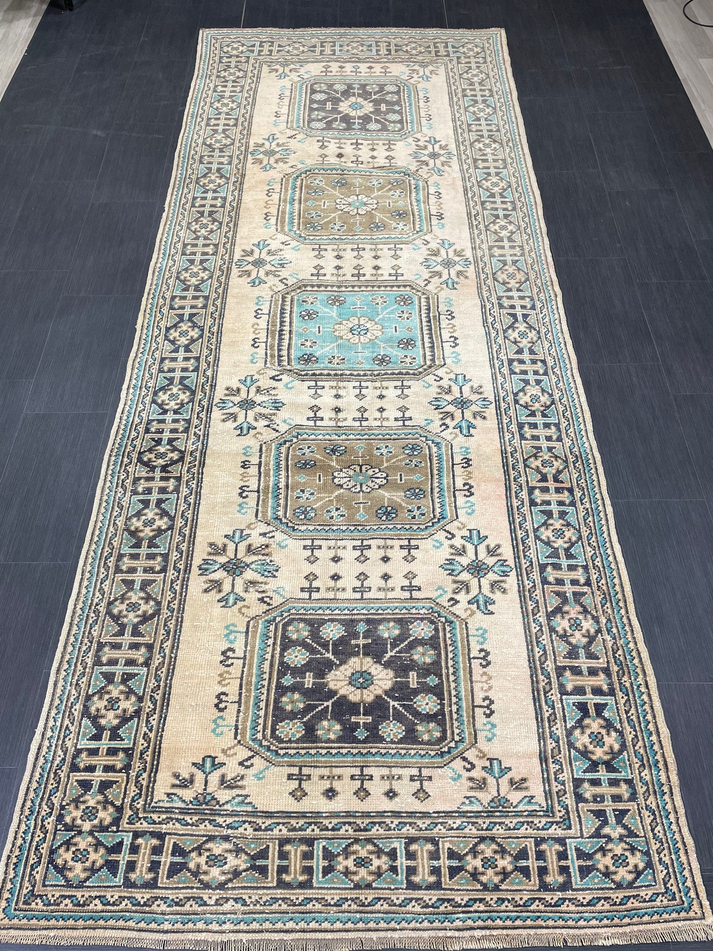 Vintage Runner Rug 4.5 x 11.8 Muted TURKISH Muted Runner Rug Vintage Oushak Runner Rug Long Runner Rug Wool Oriental Runner Handmade Runner