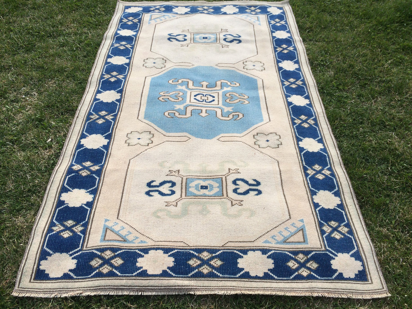 Vintage Turkish RUG Hand Knotted Oushak Rug Handmade Rug Bohemian Rug, Aqua Blue Rug Vintage Oushak Rug Vintage Rug 6.6 x 4 Wool Rugs
