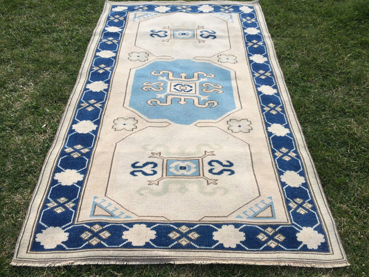 Vintage Turkish RUG Hand Knotted Oushak Rug Handmade Rug Bohemian Rug, Aqua Blue Rug Vintage Oushak Rug Vintage Rug 6.6 x 4 Wool Rugs