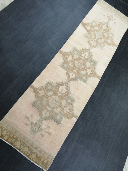 Muted Vintage Runner Rug 2.7 x 10.4 Turkish Runner Rug Vintage Runner Rug Hallway Runner Rug Kitchen Runner Rug Wool Runner Wool Oushak Rug