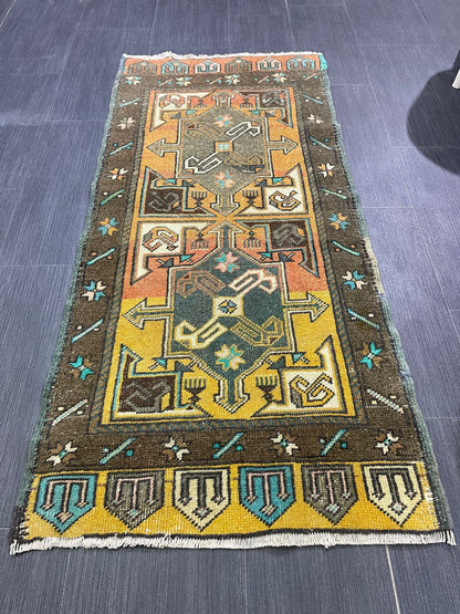 Hand Knotted Runner Rug, Vintage 2 x 4.4 Runner Rug,Handmade Short Runner Rug,Bathroom Runner Rug, Antique Runner Rug, Vanity Runner Rug