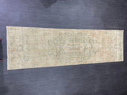 Oushak Runner Rug 2.7 x 9.4 Muted Turkish Runner Rug Green Vintage Neutral Runner Rug Hallway Natural Runner Kitchen Runner Rug Wool Runner
