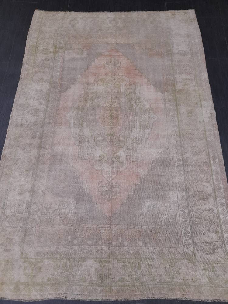 MUTED Handmade Rug 5.2 x 7.8 Vintage Turkish  Rug, Soft wool Rug NATURAL Wool Rug, Living Room Rug, Oushak Rug, Hand Knotted Rug Kitchen Rug