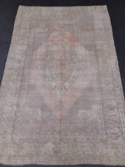 MUTED Handmade Rug 5.2 x 7.8 Vintage Turkish  Rug, Soft wool Rug NATURAL Wool Rug, Living Room Rug, Oushak Rug, Hand Knotted Rug Kitchen Rug