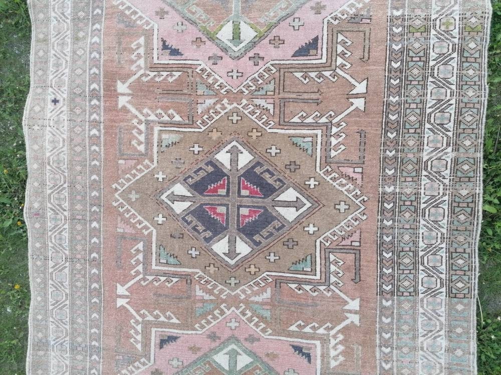 4'7x8 blue and pink wool rug, vintage oushak rug, turkish hand made living room rug