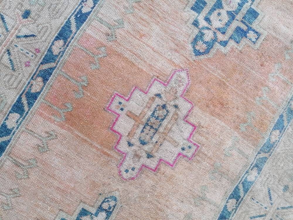 4'6x12 vintage turkish runner rug, oushak vintage rug, handmade hallway runner, kitchen wool runner