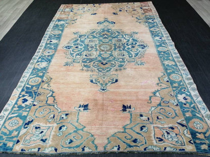 Wool Vintage Rug Turkish Rug 5.4 x 8.8  Muted Oushak  Rug,  Hand Made Rug, Living Room Rug, Oushak Rug, Blue Rug Medium Wool Pile Rug